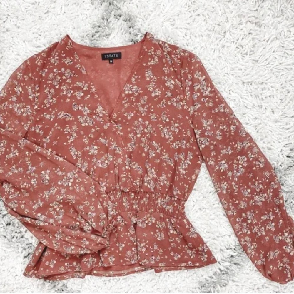 1. State Pink Floral V Neck Blouse with Bishop Sleeves Size Medium